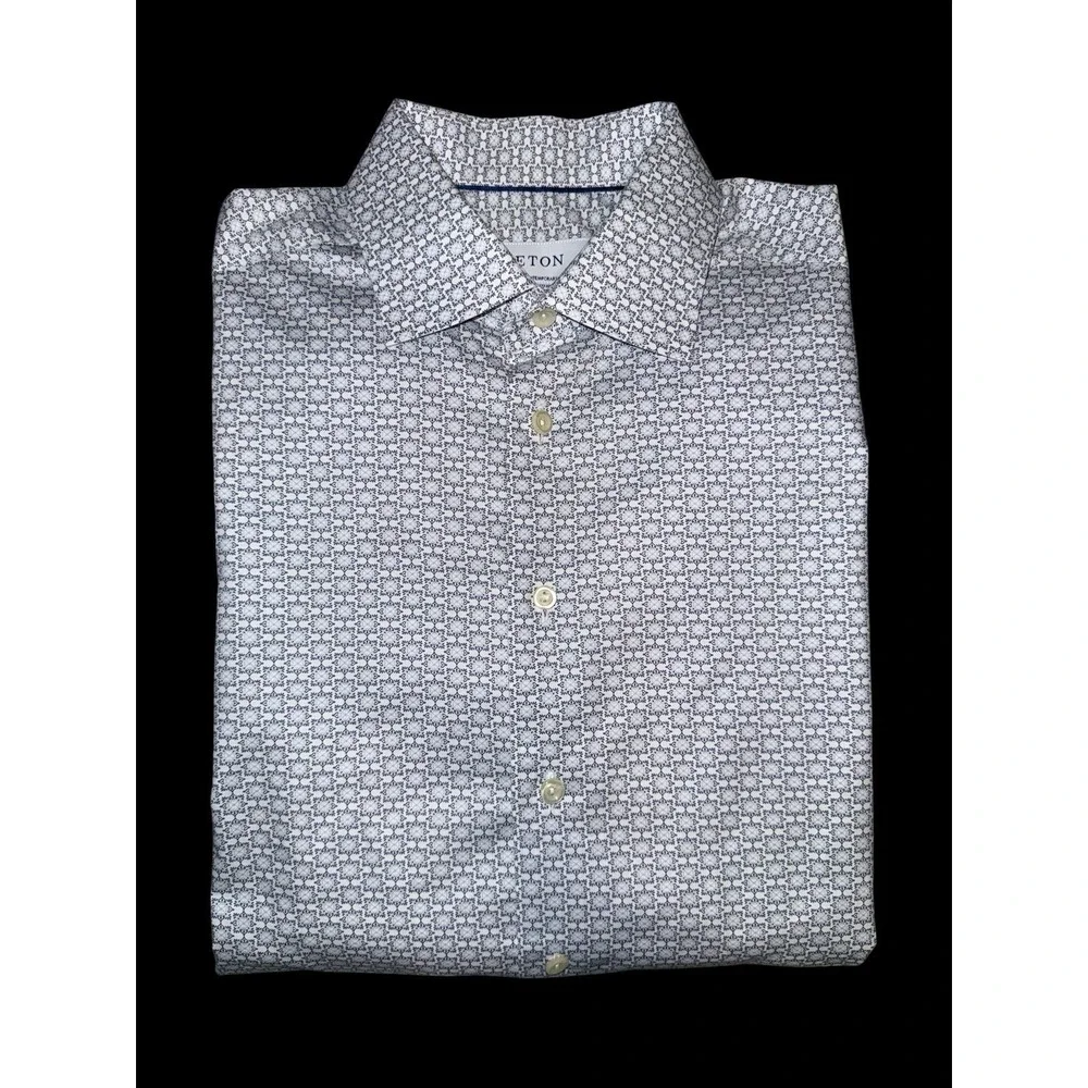 Eton Contemporary Long Sleeve Blue Geometric Size XL 43 17 Collar‎ Formal
